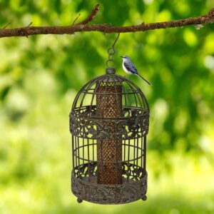 westcharm 13 in. caged squirrel proof bird feeder for small songbirds, tall rustic metal hanging bird feeder for garden, mesh peanut bird feeder for patio yard - verdigris 3.5 cups seed capacity