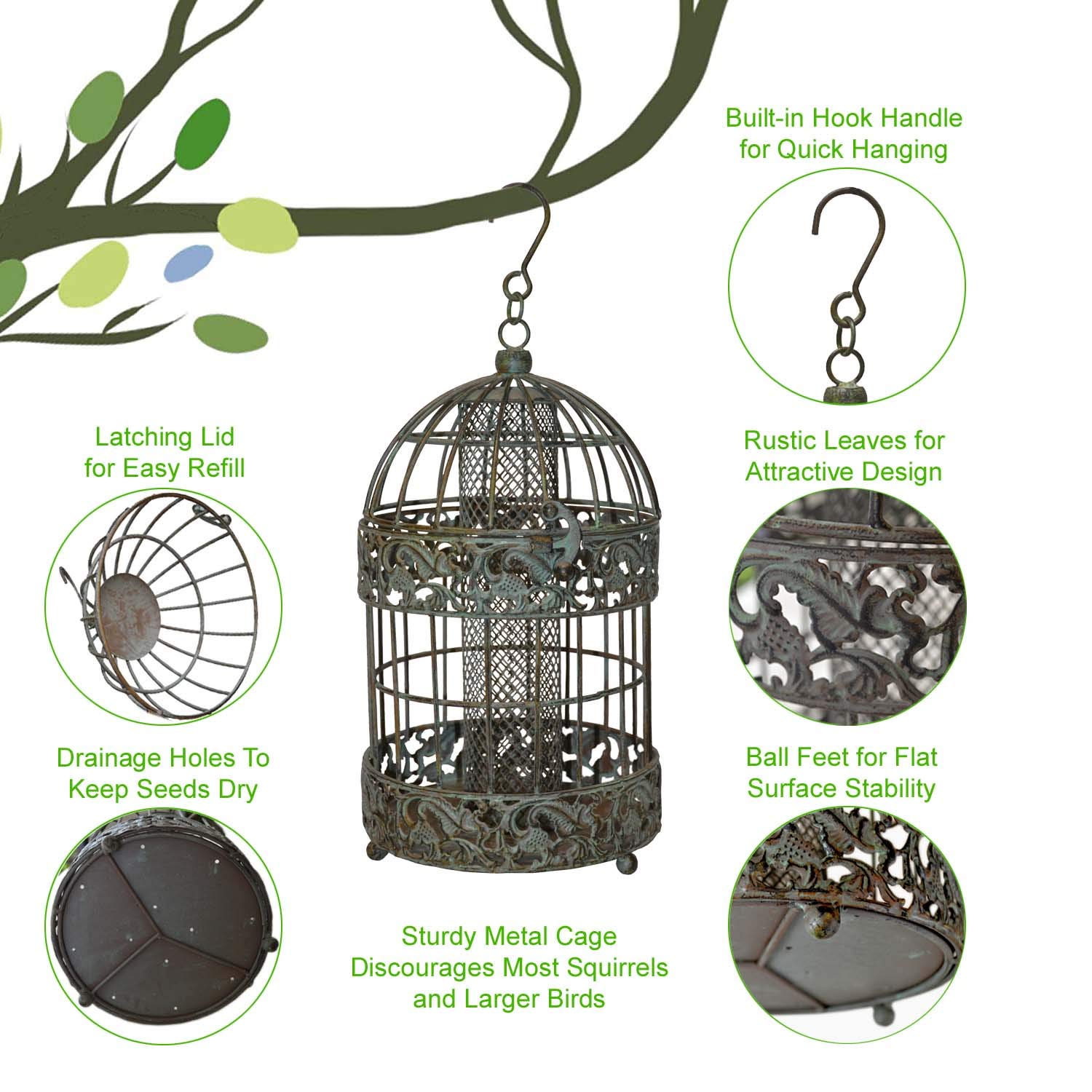 Westcharm 13 in. Caged Squirrel Proof Bird Feeder for Small Songbirds, Tall Rustic Metal Hanging Bird Feeder for Garden, Mesh Peanut Bird Feeder for Patio Yard - Verdigris 3.5 Cups Seed Capacity