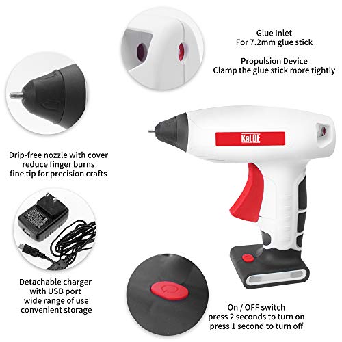 KeLDE Cordless Hot Glue Gun Kit, 30 Seconds Heating Time 3.7V Li-ion Battery Rechargeable Glue Gun, with USB Cable and Plug, Fine Tip Nozzle, Includes 20pcs 0.6x0.27” Hot Glue Sticks