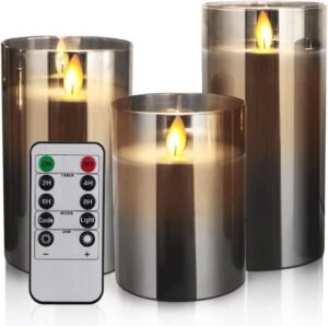 led flameless candles, battery operated flickering candles pillar real wax moving flame electric candle sets gold glass with remote timer for home fireplace halloween decor, 4 in,5 in,6 in,3 pack