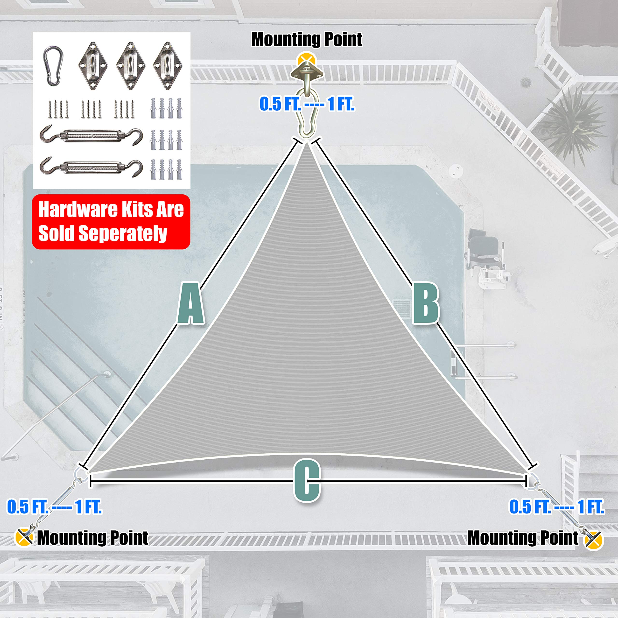 Amgo 12' x 12' x 12' Grey Triangle Sun Shade Sail Outdoor Canopy Awning UPF50+ AGTAPT12, 95% UV Blockage, Water & Air Permeable, Commercial Standard Heavy Duty (We Make Custom Size)