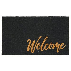 mdesign non-slip rectangular coir and rubber entryway welcome doormat with natural fibers for indoor or outdoor use - decorative script design - black/natural/beige