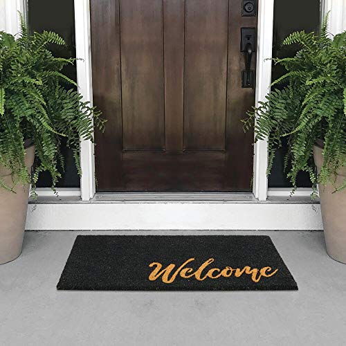 mDesign Non-Slip Rectangular Coir and Rubber Entryway Welcome Doormat with Natural Fibers for Indoor or Outdoor Use - Decorative Script Design - Black/Natural/Beige