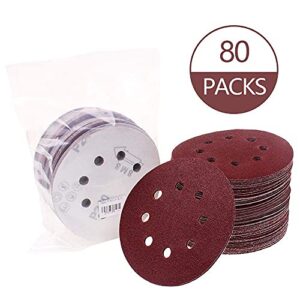 80 Pack 5 inch Sanding Discs Kit 8 Hole Sander for Drill Polishing Pad Hook and Loop Plate 60 80 120 180 240 400 600 800 Grit Sandpaper Abrasive Tool