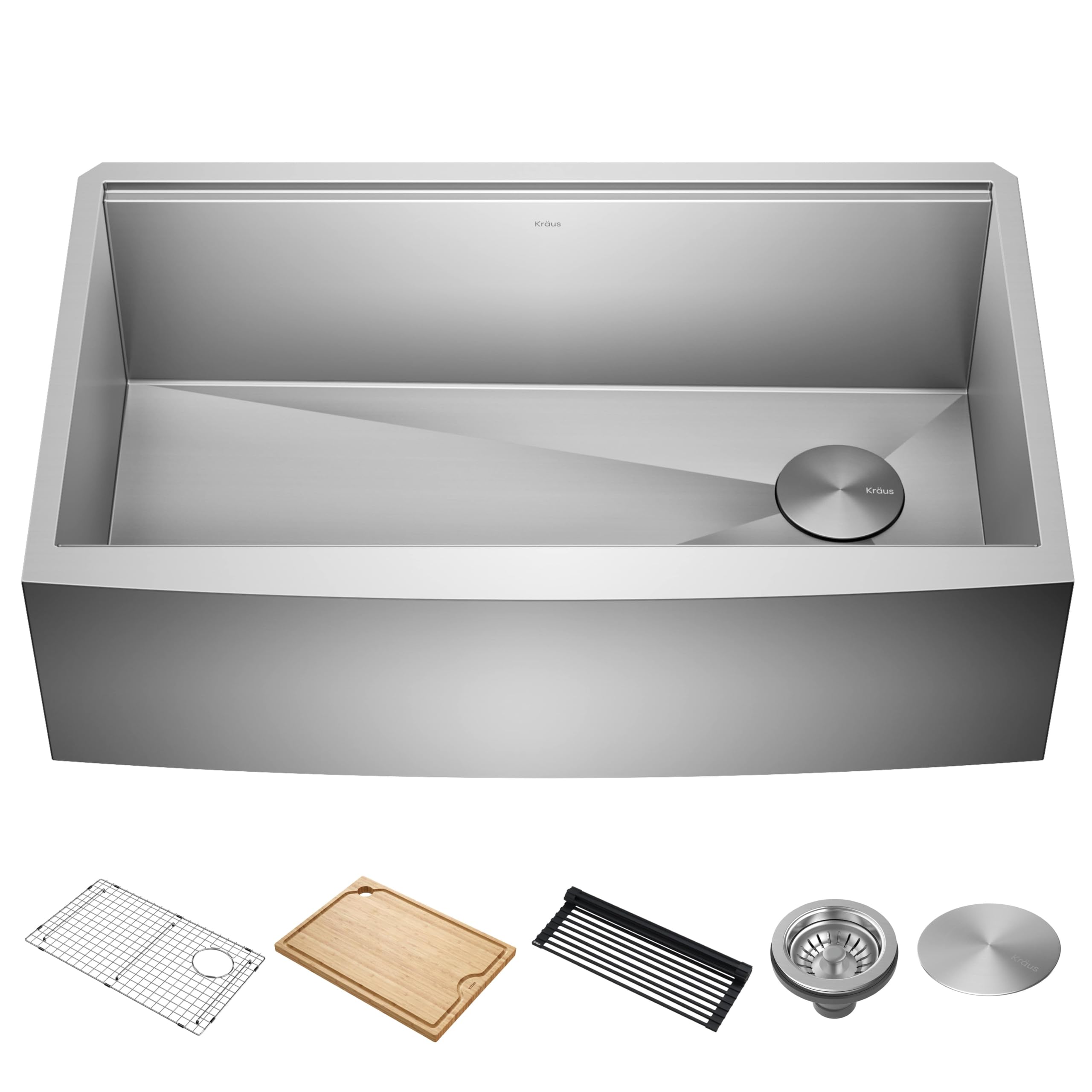 KRAUS Kore Workstation 33-inch Farmhouse Flat Apron Front 16 Gauge Single Bowl Stainless Steel Kitchen Sink with Integrated Ledge and Accessories (Pack of 5), KWF410-33