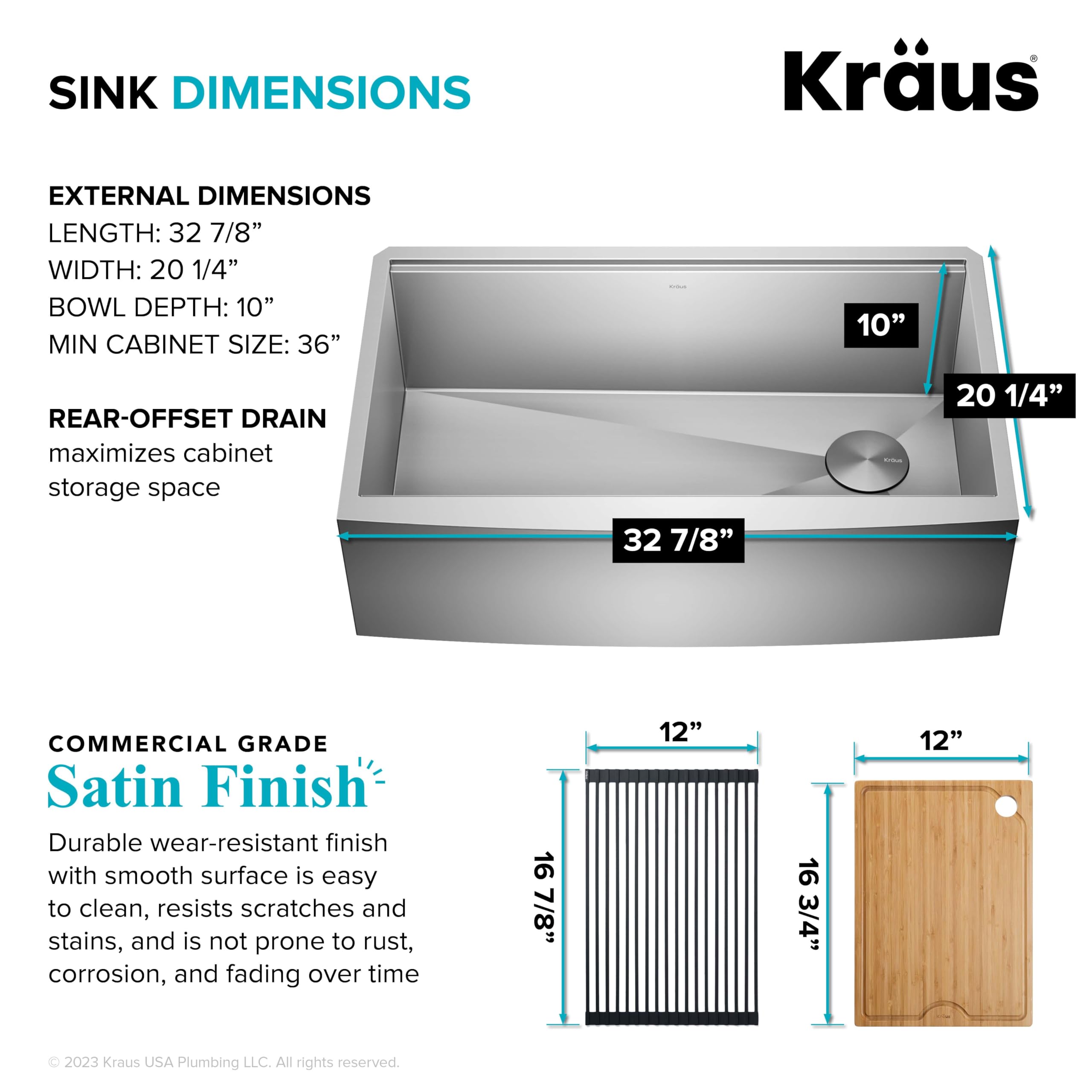 KRAUS Kore Workstation 33-inch Farmhouse Flat Apron Front 16 Gauge Single Bowl Stainless Steel Kitchen Sink with Integrated Ledge and Accessories (Pack of 5), KWF410-33