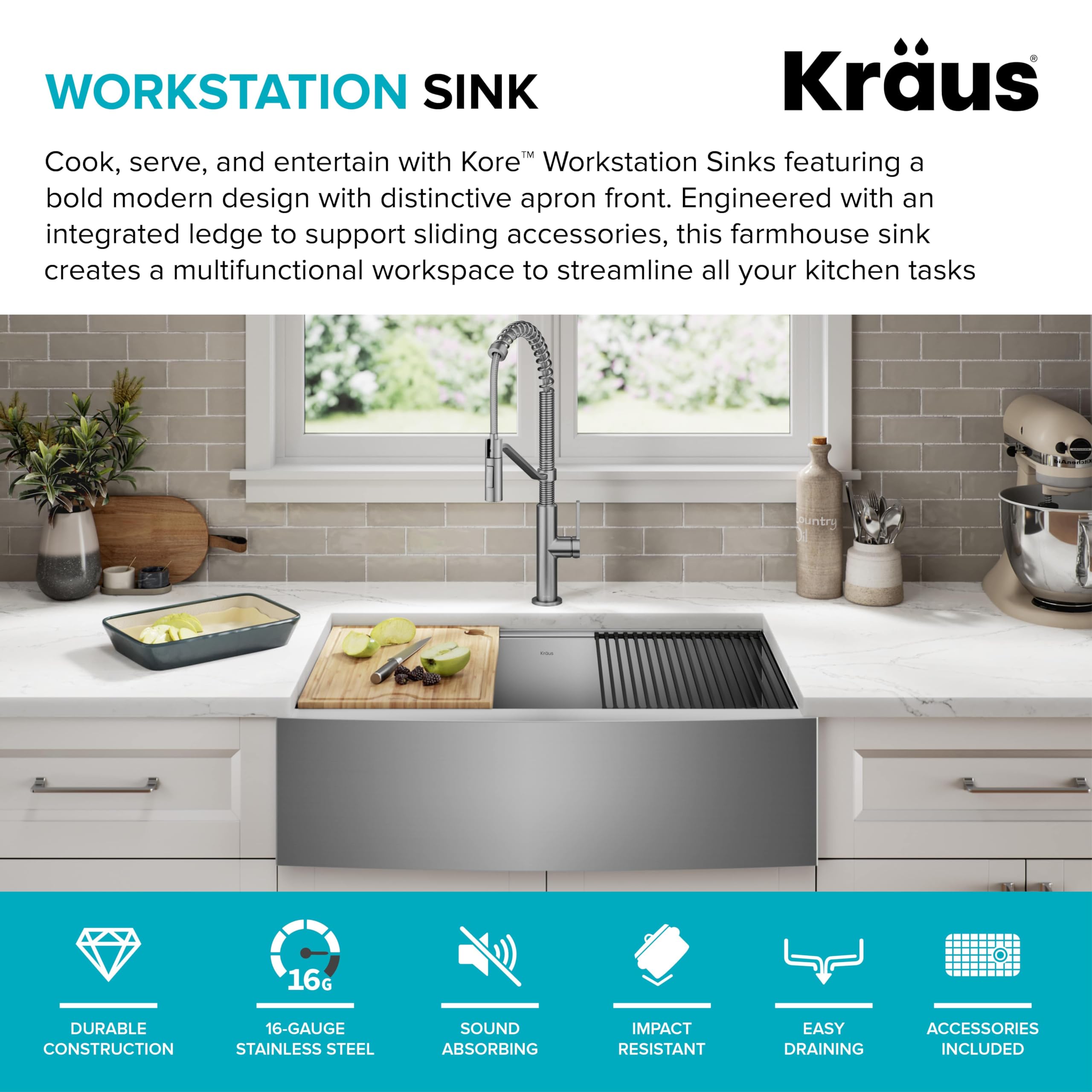 KRAUS Kore Workstation 33-inch Farmhouse Flat Apron Front 16 Gauge Single Bowl Stainless Steel Kitchen Sink with Integrated Ledge and Accessories (Pack of 5), KWF410-33