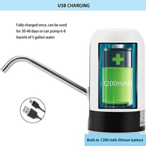 HUAPPNIO 5 Gallon Water Dispenser, Water Bottle Pump Electric Portable USB Charging for 5 Gallon Water Bottle Built-in 1200MHA Battery White