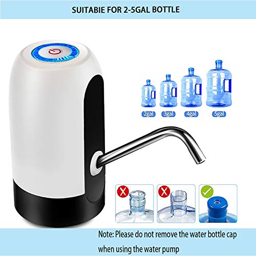 HUAPPNIO 5 Gallon Water Dispenser, Water Bottle Pump Electric Portable USB Charging for 5 Gallon Water Bottle Built-in 1200MHA Battery White