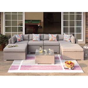 cosiest 7-piece outdoor furniture warm gray wicker family sectional sofa w thick cushions, glass top coffee table, 2 ottomans, 4 floral fantasy pillows for garden, pool, backyard