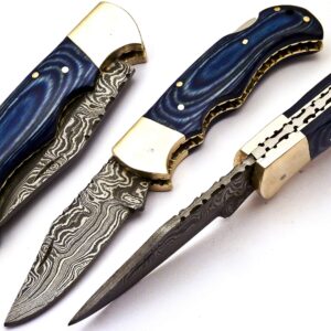 skokie knives custom hand made damascus steel hunting folding knife handle pakka wood
