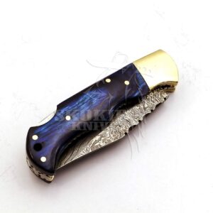 Skokie Knives Custom Hand Made Damascus Steel Hunting Folding Knife Handle Pakka Wood