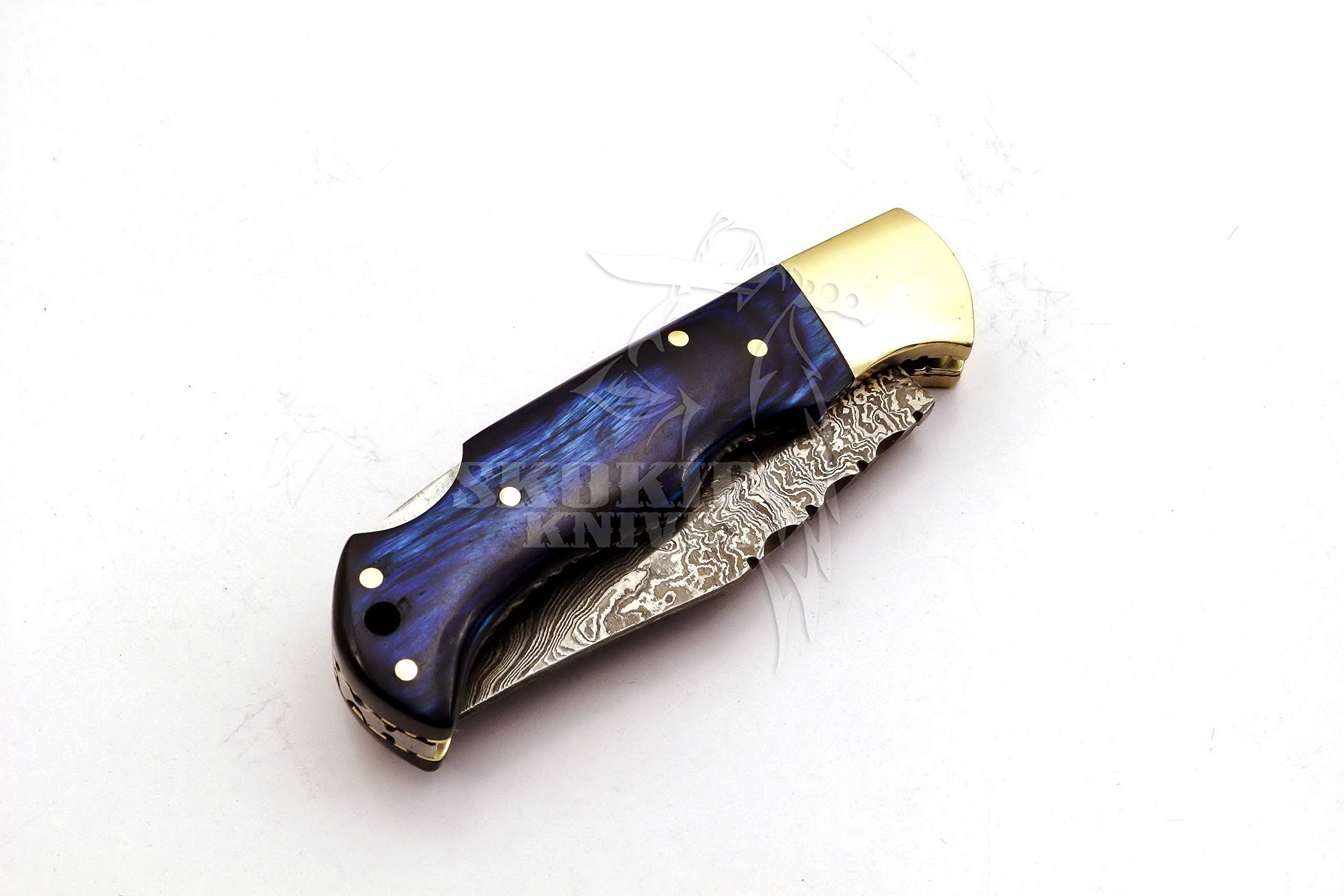 Skokie Knives Custom Hand Made Damascus Steel Hunting Folding Knife Handle Pakka Wood