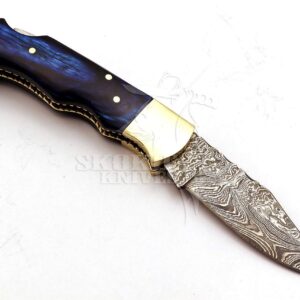 Skokie Knives Custom Hand Made Damascus Steel Hunting Folding Knife Handle Pakka Wood