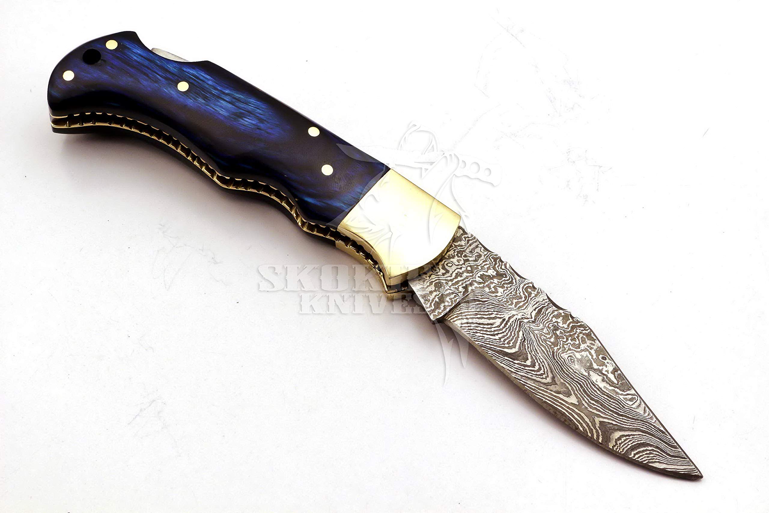 Skokie Knives Custom Hand Made Damascus Steel Hunting Folding Knife Handle Pakka Wood