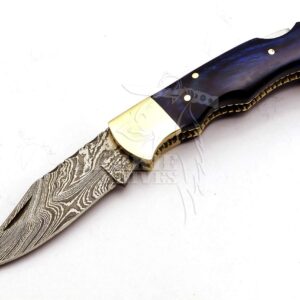 Skokie Knives Custom Hand Made Damascus Steel Hunting Folding Knife Handle Pakka Wood