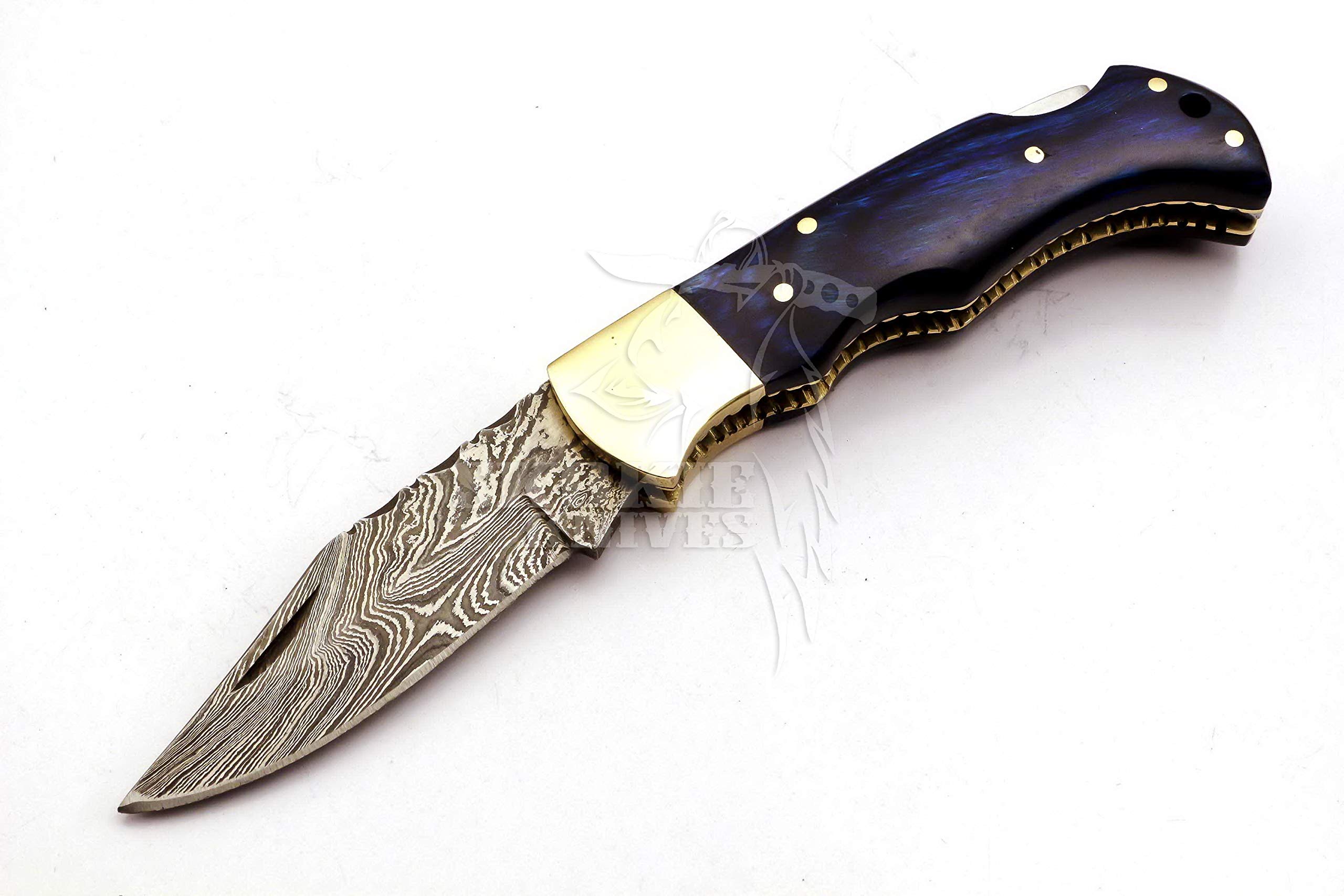 Skokie Knives Custom Hand Made Damascus Steel Hunting Folding Knife Handle Pakka Wood