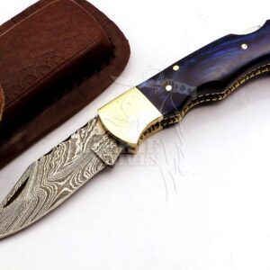 Skokie Knives Custom Hand Made Damascus Steel Hunting Folding Knife Handle Pakka Wood