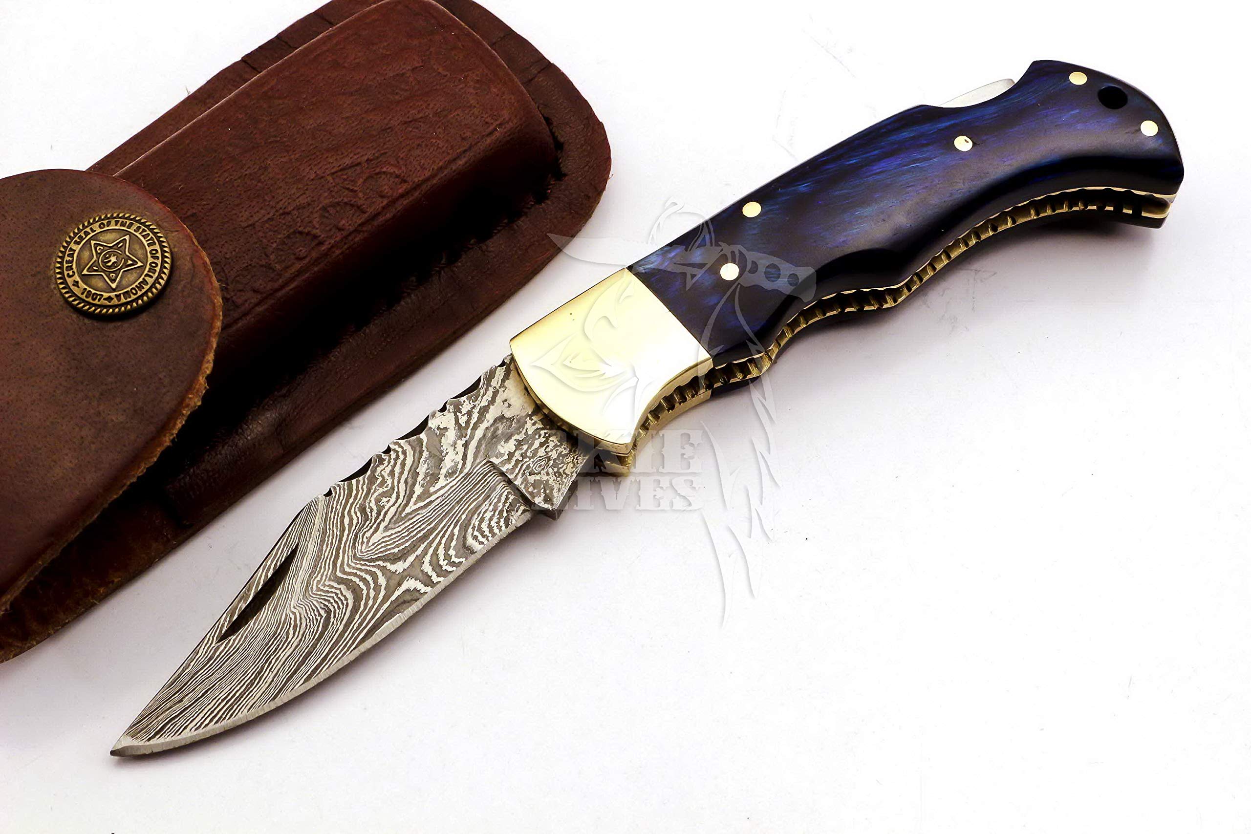 Skokie Knives Custom Hand Made Damascus Steel Hunting Folding Knife Handle Pakka Wood