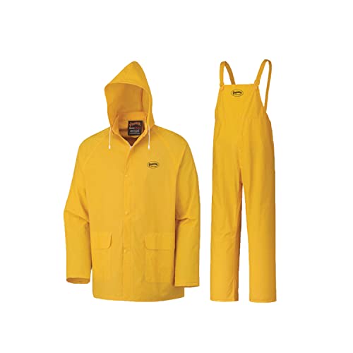 Pioneer Repel Rain Gear Safety Jacket & Bib Pants -Waterproof & Windproof PVC Work Suit for Men - 3 PC with Detachable Hood