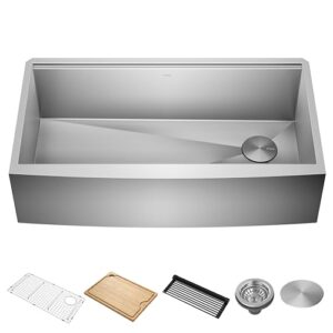 kraus kore workstation 36-inch farmhouse flat apron front 16 gauge single bowl stainless steel kitchen sink with integrated ledge and accessories (pack of 5), kwf410-36