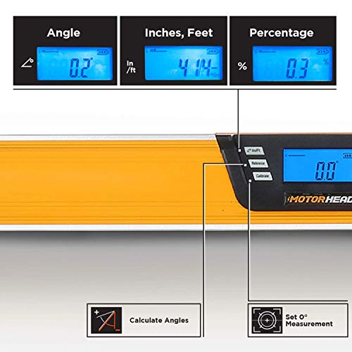 MOTORHEAD 48-Inch 0°-360° SMART DIGITAL Level, LCD Screen, Audible Alerts, Water, Dust & Shock Resistant, Magnetic Bottom, Includes Bag, High-Visibility, Solid-Milled Aluminum, USA-Based Support