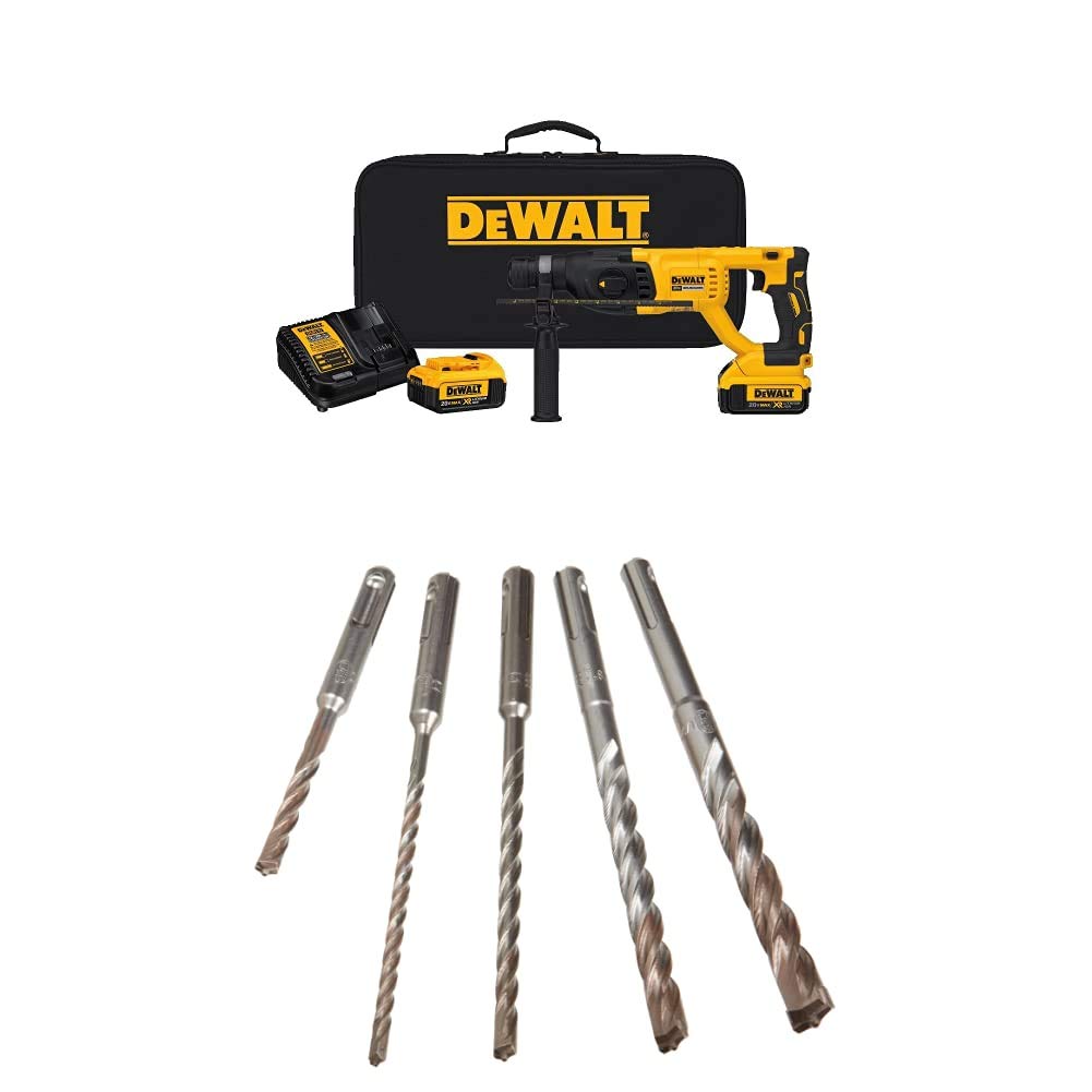 DEWALT DCH133M2 20V Max XR Brushless 1" D-Handle Rotary Hammer Kit with DEWALT DW5470 5-Piece Rock Carbide SDS Plus Hammer Bit Set