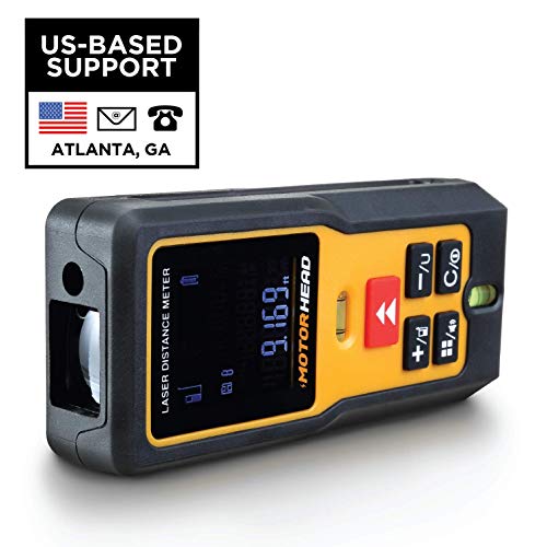 MOTORHEAD 196Ft/60M Laser Measure, Laser Distance Measure w/ 2 Bubble Levels, M/in/Ft, 20 Data Set Storage, Mute, 2 Measurement Points, Backlit LCD, Pythagorean, Area & Volume Functions