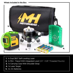 MOTORHEAD 165-Ft Self-Leveling 360-Degree Green Cross-Line Laser Level, Switchable Horizontal & Vertical Beams, IP 54, Pulse Mode w/Leveling Mini-Tripod, Batteries, Magnetic Target & Storage Bag