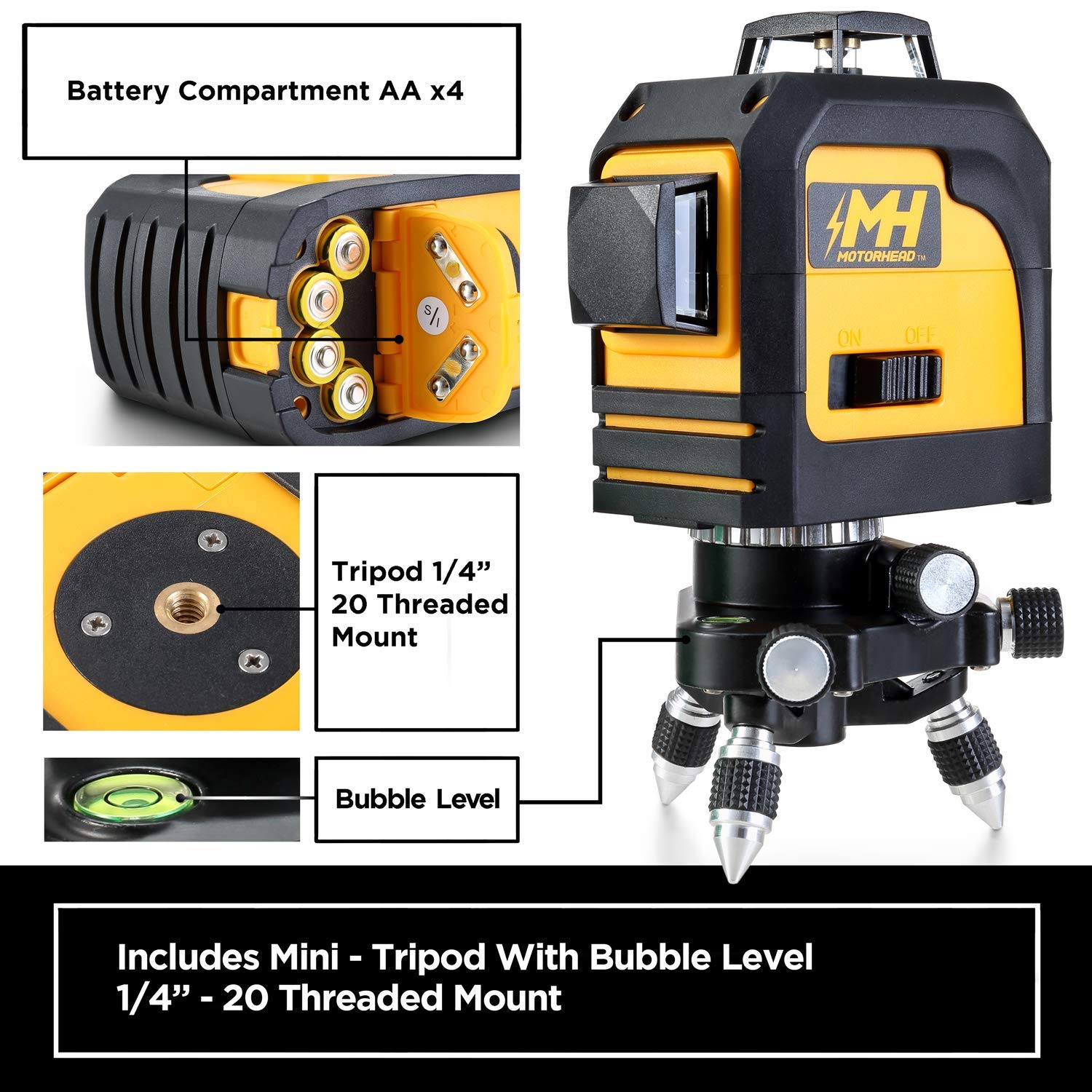 MOTORHEAD 165-Ft Self-Leveling 360-Degree Green Cross-Line Laser Level, Switchable Horizontal & Vertical Beams, IP 54, Pulse Mode w/Leveling Mini-Tripod, Batteries, Magnetic Target & Storage Bag