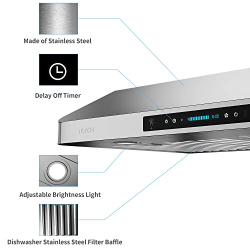 IKTCH 30 Inch Under Cabinet Range Hood with 900-CFM, 4 Speed Gesture Sensing&Touch Control Panel, Stainless Steel Kitchen Vent with 2 Pcs Baffle Filters(IKC01-30)