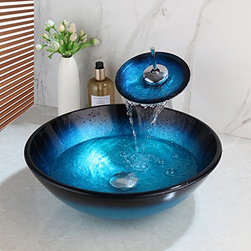 MEKKHALA Bathroom Tempered Glass Vessel Sink Black & Blue Round Wash Basin Bowl Waterfall Mixer Chrome Brass Faucets Pop-up Drain Combo With Cold & Hot Water Hoses