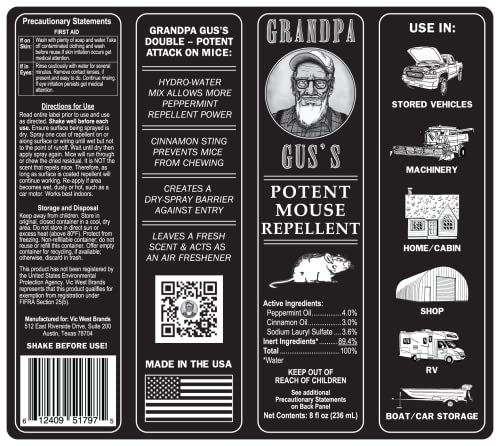 Grandpa Gus's Potent Mouse Repellent Spray, Peppermint & Cinnamon Oil Formula, Repels Mice & Rats from Nesting, Chewing in Homes/RV, Boat/Car, Storage & Wiring, 8 oz (2 Bottles)