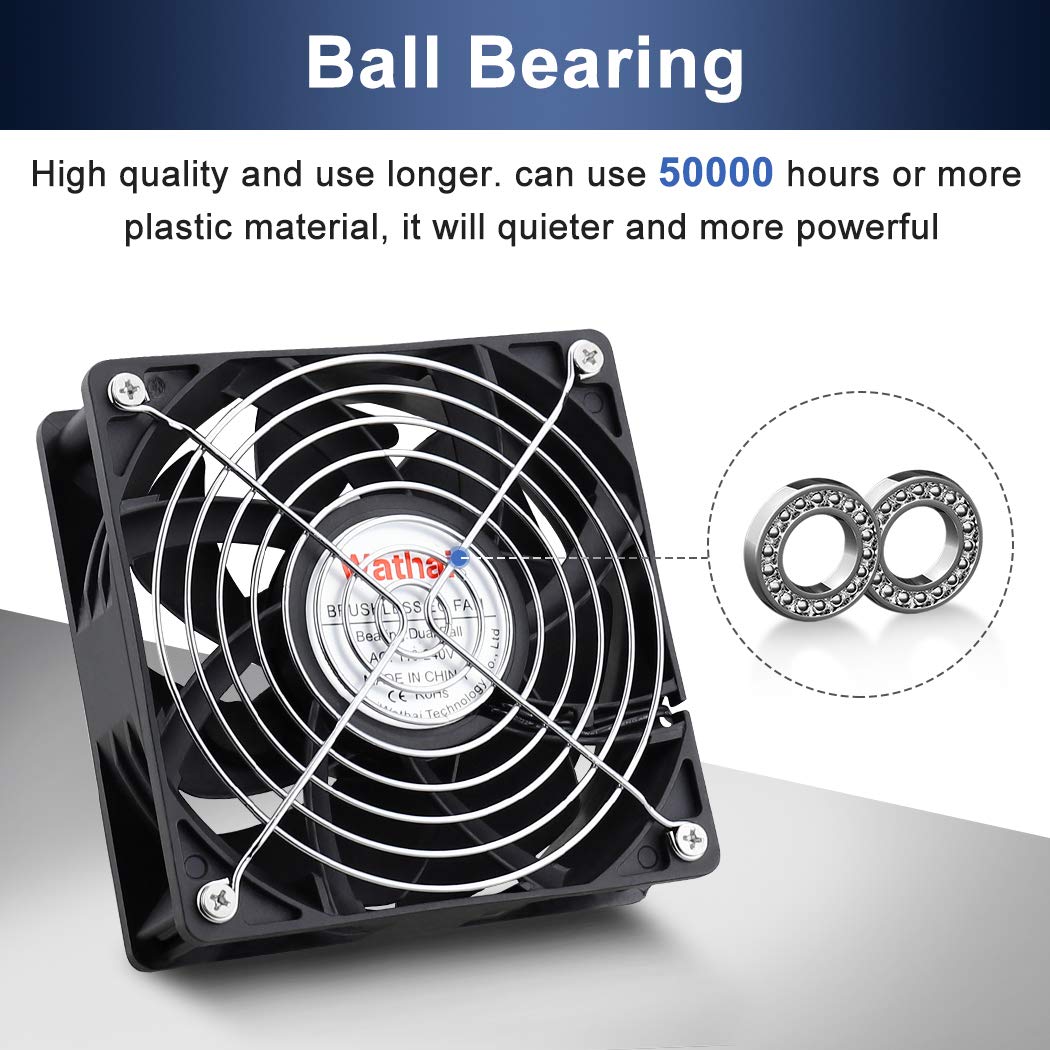 Wathai EC Industrial Case Fan 120mm x 38mm Ball Bearing AC 110V 115V 120V 220V 240V Brushless Cooling Fan