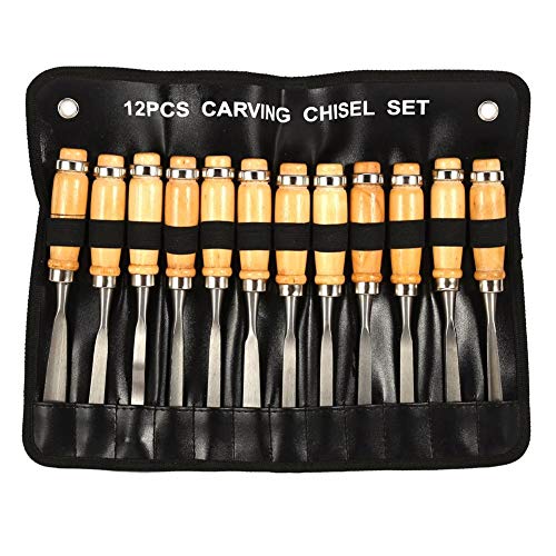 Wood Chisel Tool Set, 12pcs Woodworking Chisels Wood Carving Tools Trimming Down Wood Woodworking Lathe Gouges Tools with Roll-Up Carrying Case for Carpenter Craftsman,6mm (1/4"), 12mm (1/2")