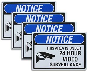 4-pack aluminum security notice signs, 14x10 inches, uv printed - this area is under 24 hour video surveillance signs - durable warning for home, office & business safety