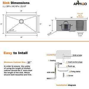 APPASO 28-Inch Single Bowl Kitchen Sink Undermount, 16-Gauge Stainless Steel 10-Inch Deep Commercial Handmade Kitchen Sink, Undermount Kitchen Sink 28 inch, HS2818