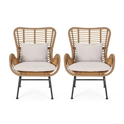 Great Deal Furniture Crystal Outdoor Wicker Club Chairs with Cushions (Set of 2), Light Brown and Beige