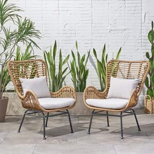 Great Deal Furniture Crystal Outdoor Wicker Club Chairs with Cushions (Set of 2), Light Brown and Beige