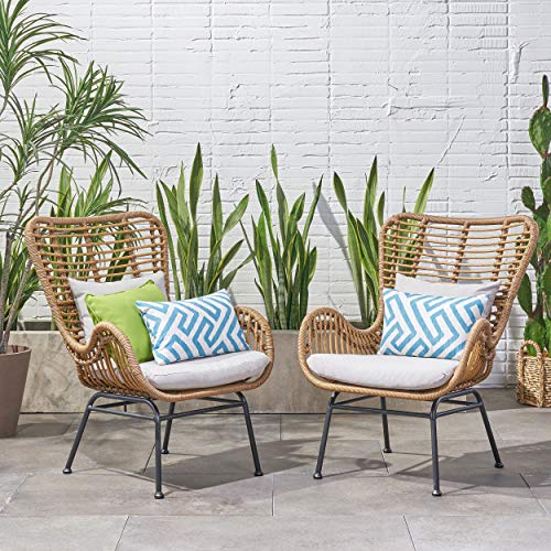 Great Deal Furniture Crystal Outdoor Wicker Club Chairs with Cushions (Set of 2), Light Brown and Beige