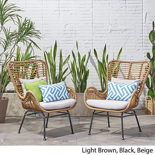 Great Deal Furniture Crystal Outdoor Wicker Club Chairs with Cushions (Set of 2), Light Brown and Beige