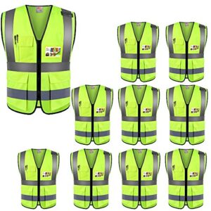 zojo high visibility safety vests with pockets, wholesale reflective vest for outdoor works, cycling, jogging, walking,sports - fits for men and women (pack of 10, xl neon yellow)