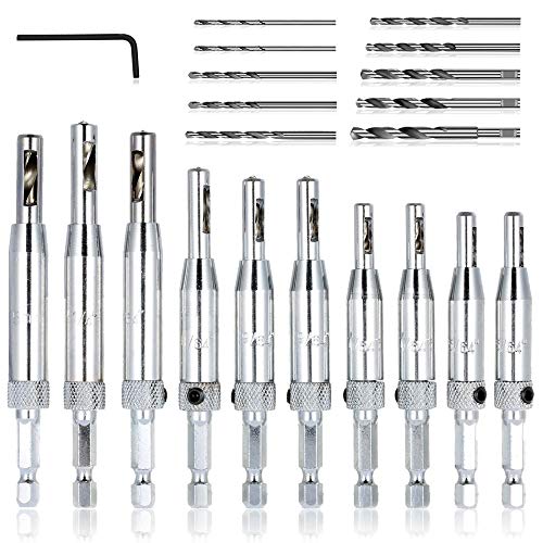 21 pcs Center Drill Bit Set, AFUNTA Self Centering Hinge Tapper Core Hole Puncher 5/64'' 7/64'' 9/64'' 11/64'' 13/64'' 5mm 1/4'' & 1 Pcs Hex Key & 10 Pcs Replacement Drill Bits