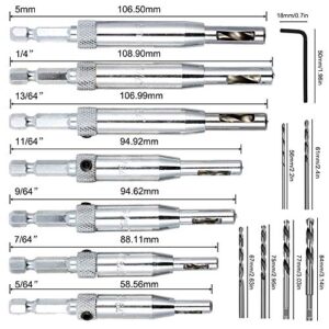 21 pcs Center Drill Bit Set, AFUNTA Self Centering Hinge Tapper Core Hole Puncher 5/64'' 7/64'' 9/64'' 11/64'' 13/64'' 5mm 1/4'' & 1 Pcs Hex Key & 10 Pcs Replacement Drill Bits