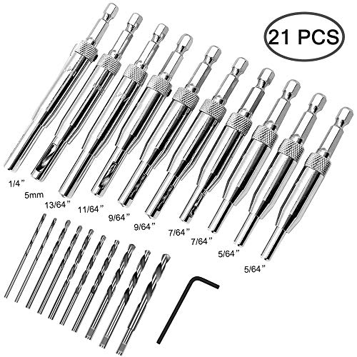 21 pcs Center Drill Bit Set, AFUNTA Self Centering Hinge Tapper Core Hole Puncher 5/64'' 7/64'' 9/64'' 11/64'' 13/64'' 5mm 1/4'' & 1 Pcs Hex Key & 10 Pcs Replacement Drill Bits