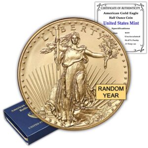 1986 - Present (Random Year) 1/2 oz American Gold Eagle Coin Brilliant Uncirculated (BU -Type 1 or 2) in United States Mint Box with Certificate of Authenticity $25 Mint State