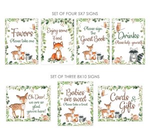 set of 7 woodland baby shower signs, 5x7 and 8x10, woodland food, drinks, favors, welcome and guest book signs
