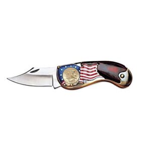 american flag coin pocket knife with gold-layered bicentennial quarter| 3-inch stainless steel blade | genuine united states coin | collectible | certificate of authenticity