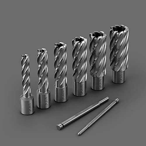 Annular Cutters Set 6pcs JESTUOUS 3/4 Inch Weldon Shank 2 Cutting Depth 7/16 to 1-1/16 Cutting Diameter HSS Slugger Bits for Magnetic Drill Press with 2 Pilot Pins