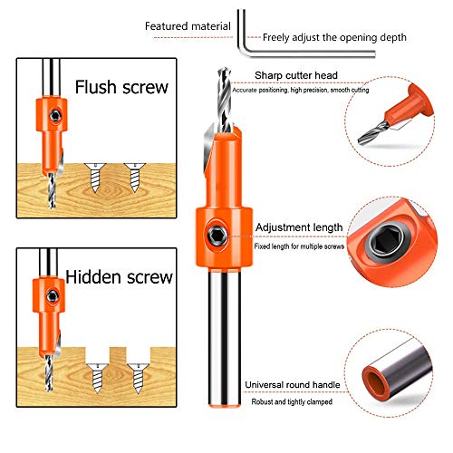 Countersink Drill Bit Set, Wood Hole Timber Working Drill Bits for Wood Screw Cutter Adjustable with Hex Key Wrench 6 Sizes 2.8×8, 2.8×10, 3×8, 3×10, 3.2×8, 3.2×10